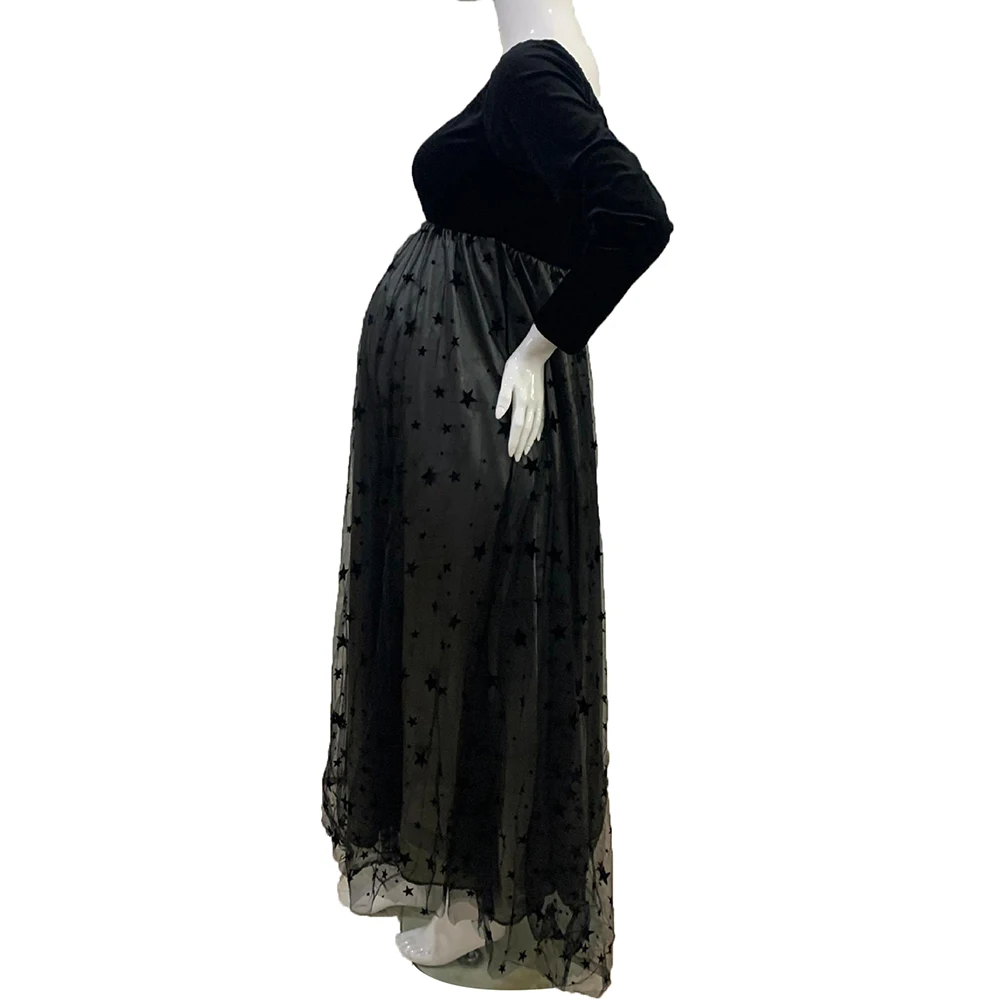 فستان حمل فاخر أسود مخملي لالتقاط الصور بدون أكتاف على شكل نجمة شبكية فستان ماكسي أنيق للحمل ملابس استحمام للأطفال #4