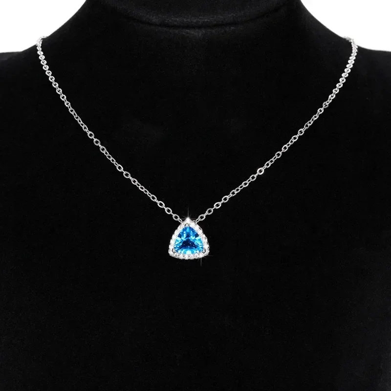 New Triangular See Blue CZ Pendant Necklace for Women  2024 Exquisite Bridal Wedding Neck Accessory Gift Statement Jewelry