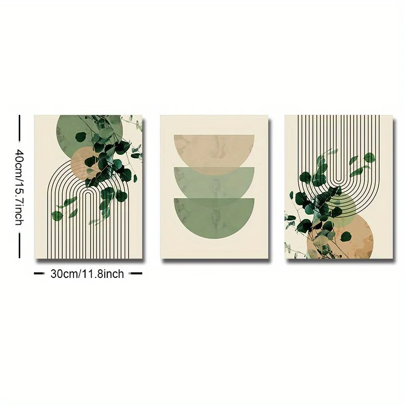 3pcs Boho Green Plant Eucalyptus Leaf Geometry Graphic Art Poster - Retro Canvas Print For Modern Wall Decor In Living Room And