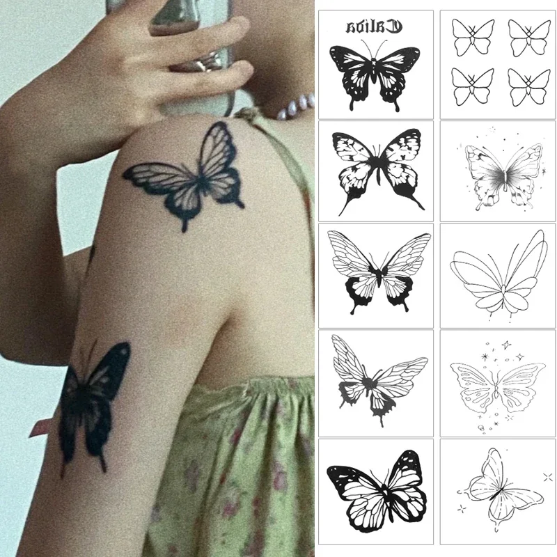 Waterproof 3D Black Butterfly Tattoo Stickers 10 Sheet Disposable Temporary Tattoo Women Body Leg Arm Hand Foot Art Decoration