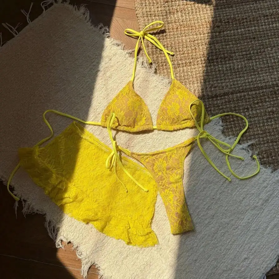 

Yellow Lace Triangle Halter Tie Bikini Set With Ruffled Mini Skirt