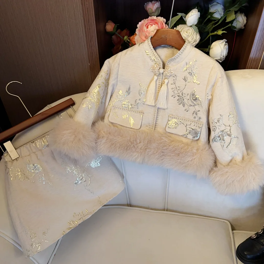 Ricamo floreale cappotto spesso + gonna corta 2 pezzi bambini inverno principessa vestiti Set bambino ragazza autunno abbigliamento bambini vestito