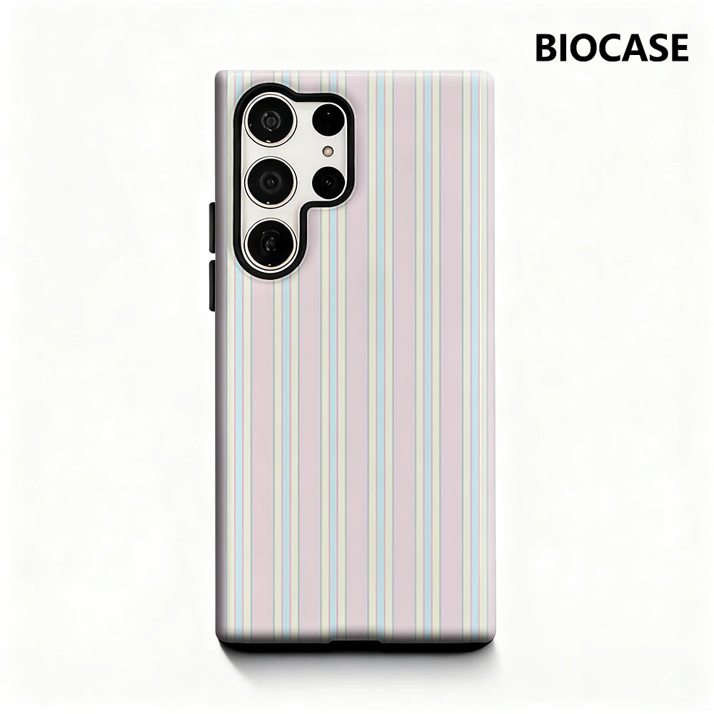 حافظة هاتف هارموني مخططة باللون الوردي لهاتف سامسونج جالاكسي S25 Ultra S24 S23 Ultra Plus غطاء خلفي لامع بطبقة مزدوجة