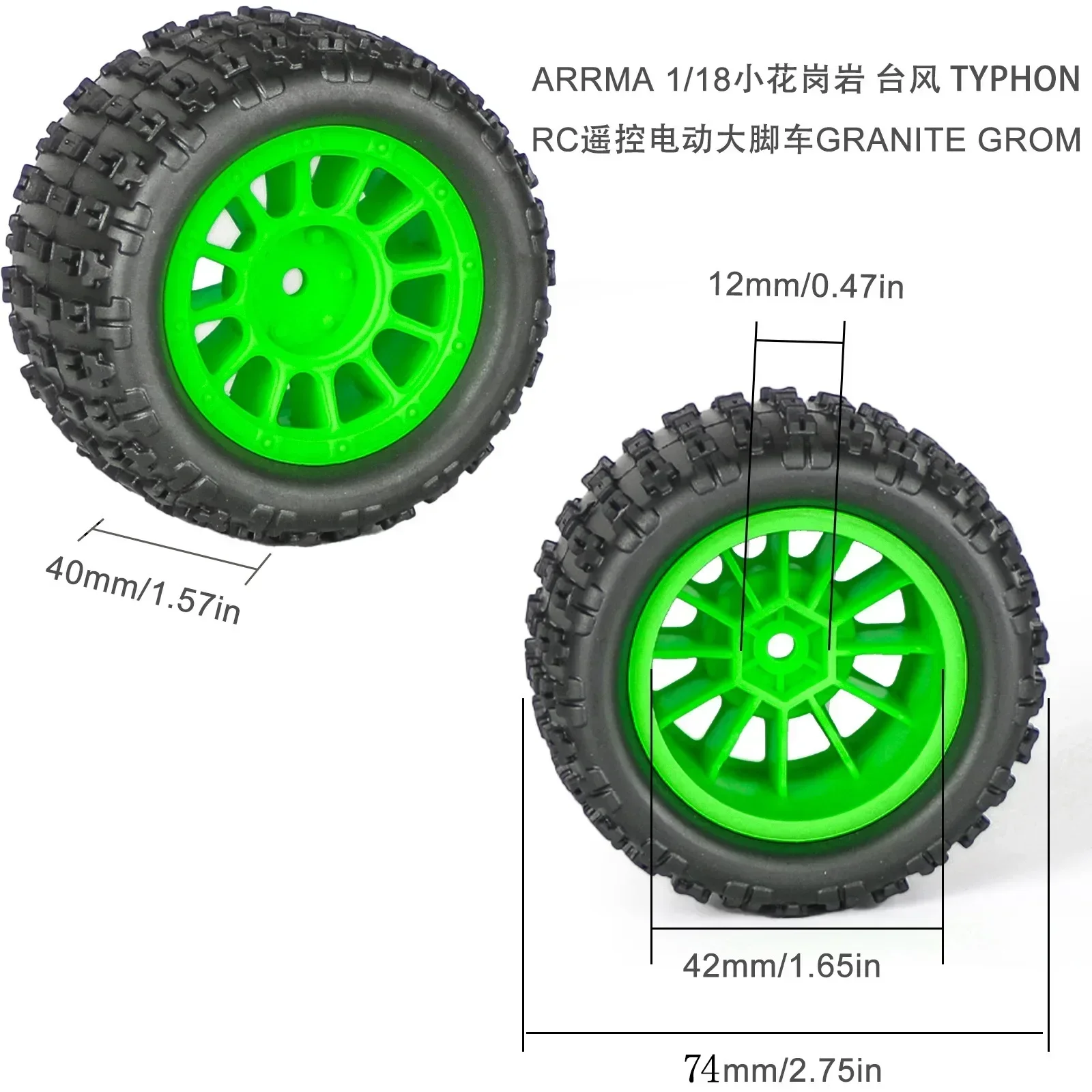 

4pcs 74mm Rubber Tire Tyre 12mm Hex for Arrma 1/18 Granite Grom Typhon GROM RC Car RC Car Upgrade Parts Accessories
