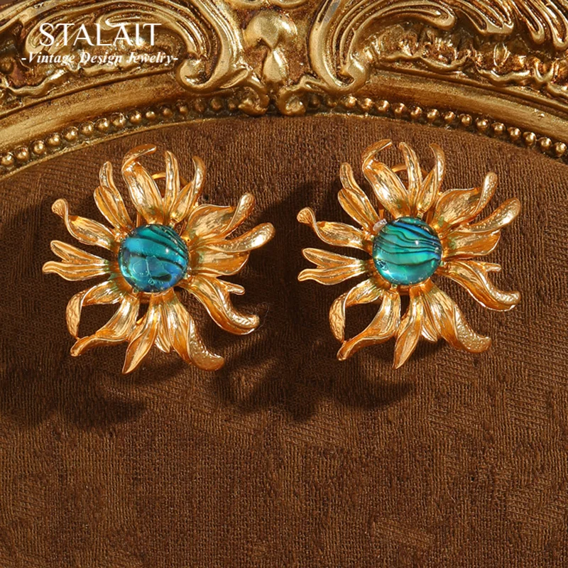 

Vintage Blue Abalone Shell Flower Studs Earring Sunflower Gold Color Woman Trend 2025 Valentine Day Gift Luxury Quality Jewelry
