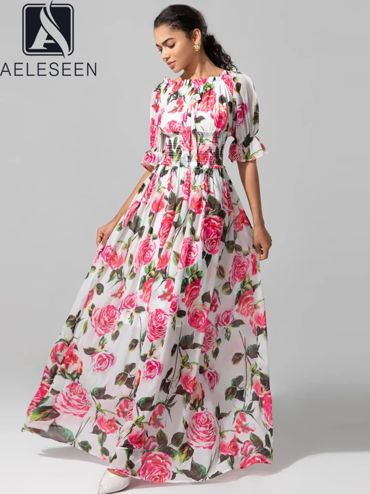 

AELESEEN Sicilian Long Chiffon Dress Women Spring Summer Short SLeeve Pink Flower Print Slash Neck Wasit Elastic Elegant Party