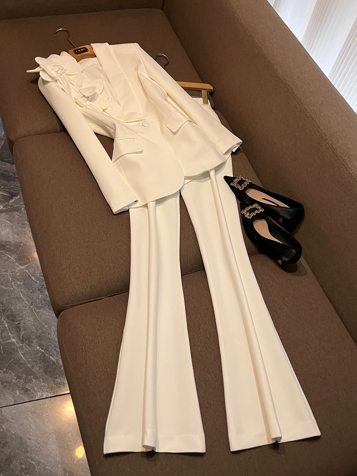 White Suit Set Women's Slim Fit Two Piece Workwear Autumn 2026 High Waist Pants  Knot Long Sleeve Button up AP378