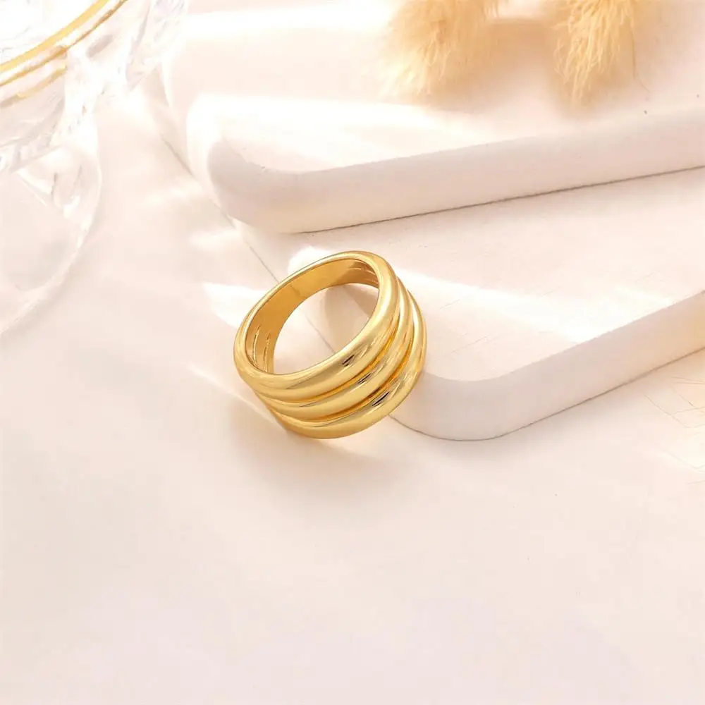 Premium Stainless Steel Three Layers Metal Simple Circle Finger Rings for Women 18K Gold Plated Engagement Wedding Ring  Jewerly