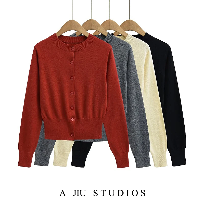 

American Sle ort Svel Knitted Cardigan Women's Spring Autumn Bla Long Sve round Ne Vintage Top Street Sle