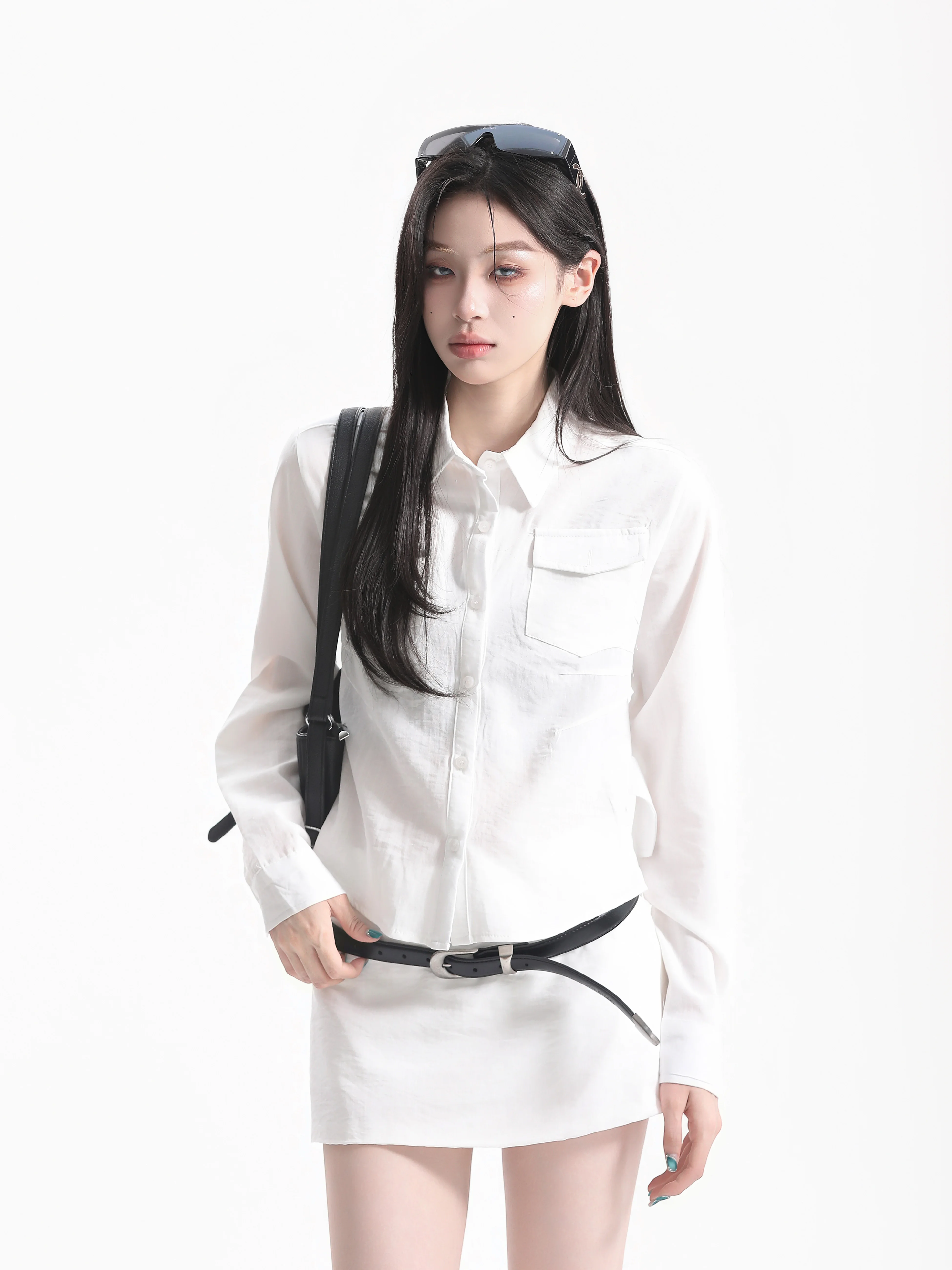 Cleanfit American Retro Style Women's Long Sleeve Short Shirt Turn-down Collar Slim Fit Pure Color Early Autumn Shirt