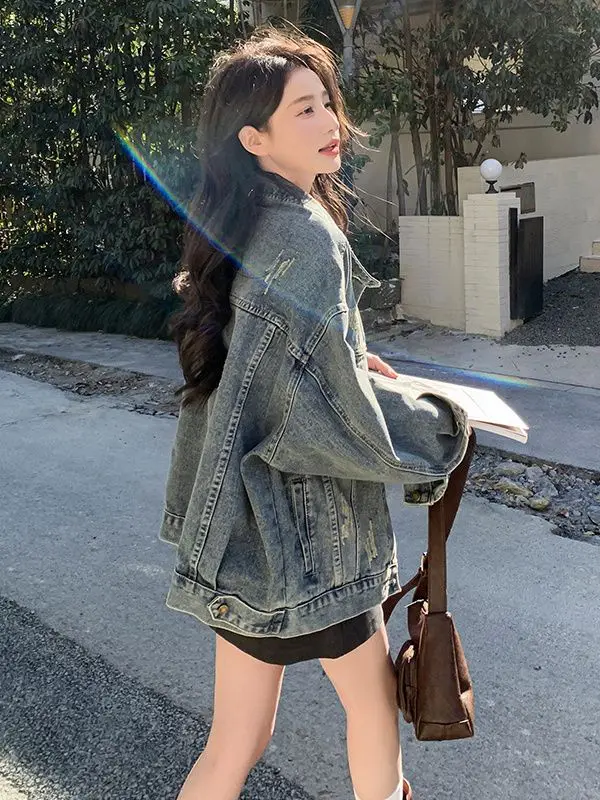 

Ретро-джинсовая куртка в гонконгском стиле для женщин, весна-осень, новый дизайн, эффект потертости, повседневный, модный, омолаживающий, рабочий стиль, топ