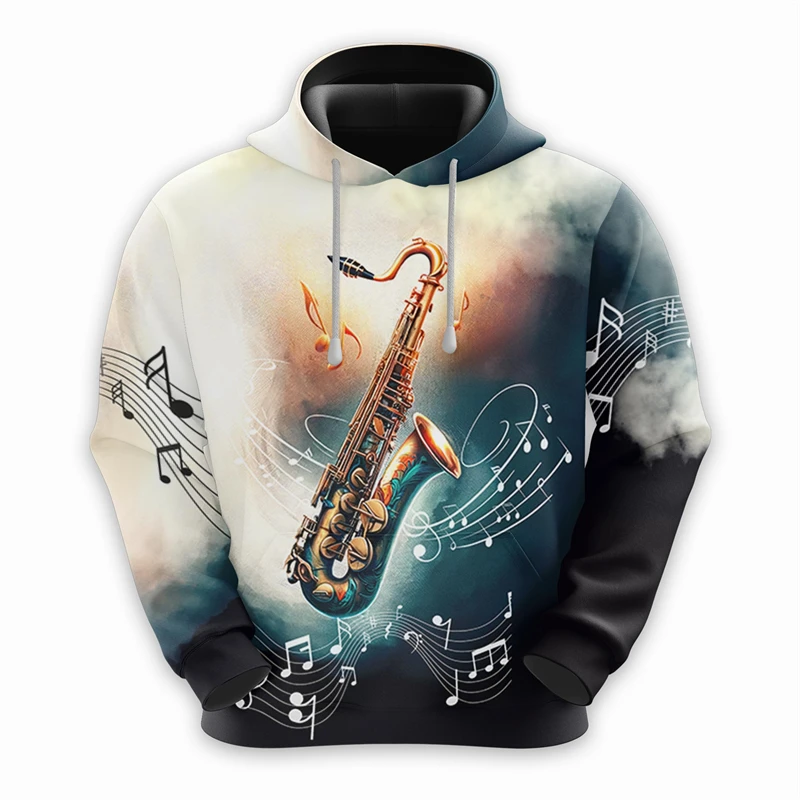 Fashion Saxophone Graphic Hoodies For Men Jazz 3D Musical Notes Printed Hooded Sweatshirt Casual Oversized Women Pullovers