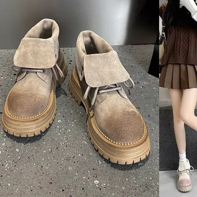 

Vintage Flip-Cover Boots Women's New Style Thick Bottom Short Boots Large Yellow Boots Female High-Tube Velvet Surface