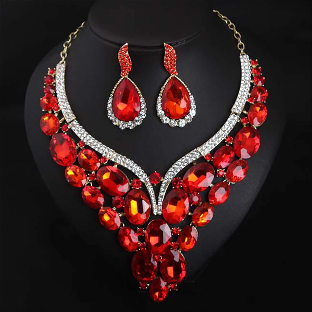 Gorgeous Multicolors Crystal Luxury Collar Necklace Drop Earring Wedding Jewelry Set Exaggerated Bridal Banquet Accessories