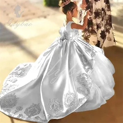White Satin Flower Girl Dress For Wedding Sleeveless Puffy Tulle Floor Length Kids Birthday Party First Communion Ball Gown New