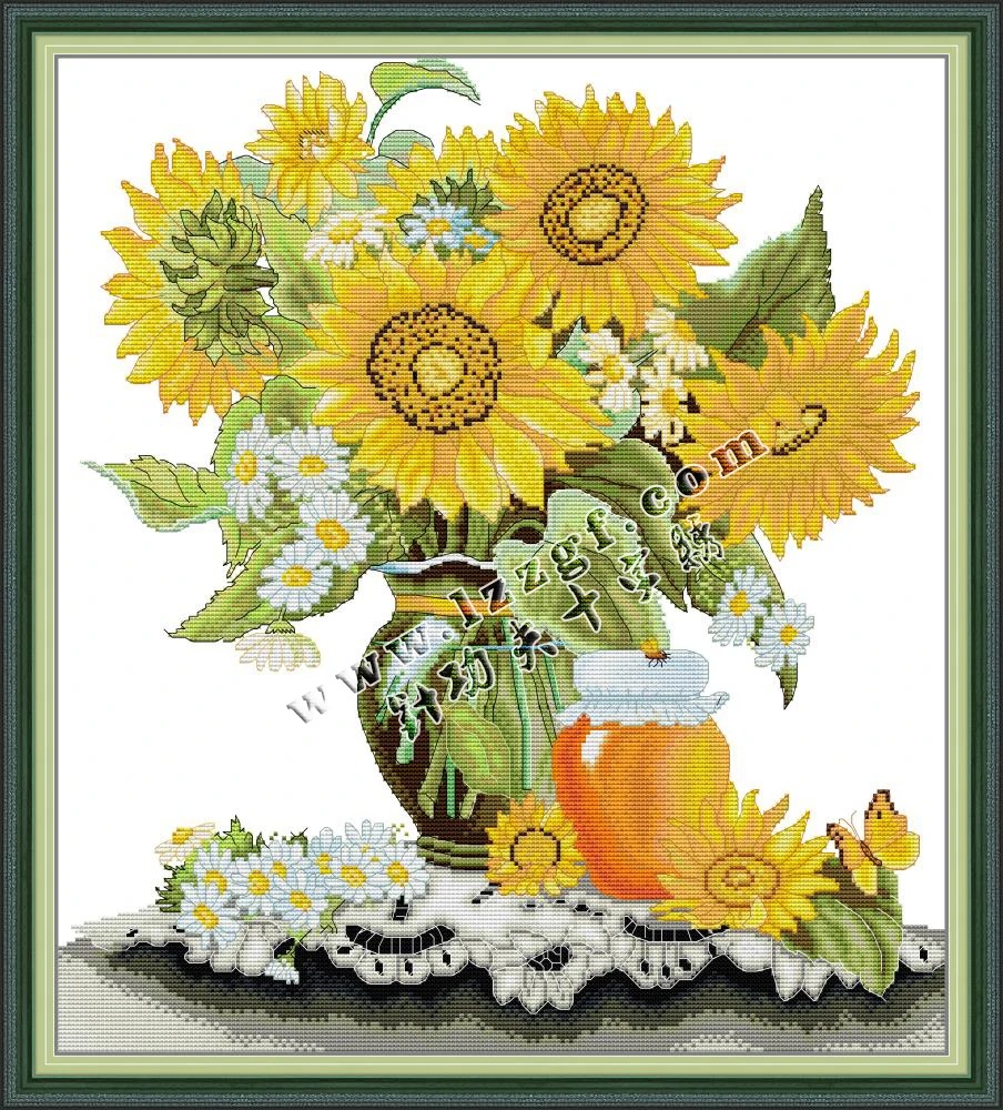 Cross-stitch Complete Set Sunflower Vase And Honey Jar Kit Stamped Printed Counted Unprinted Cloth DMC Needlework Home Decor