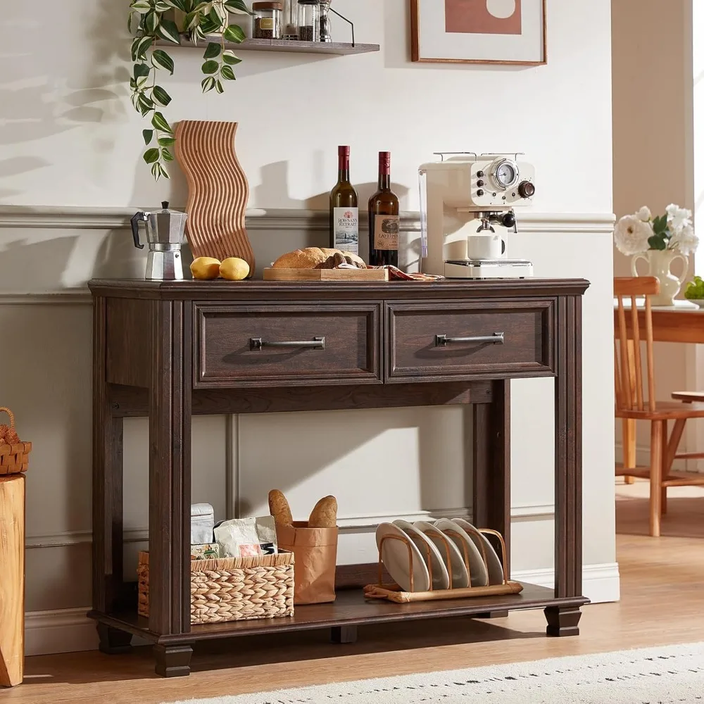 Rustic Wooden 2-Drawer Console Table with Open Shelf, Large Mid-Century Entryway Storage Furniture