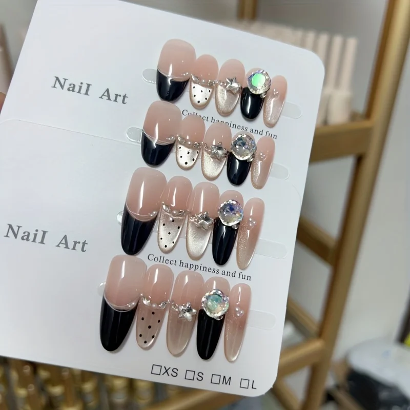 10pcs high-end French pink and black contrasting colors are paired with pearls and diamonds handmade fake nails,This cute yet se