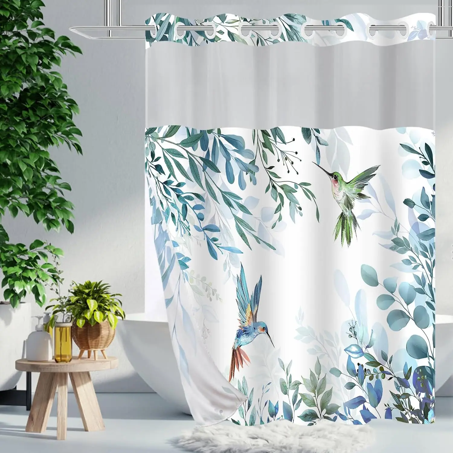 

No Hook Shower Curtain with Snap in Liner Sets, Blue Hummingbird and Eucalyp