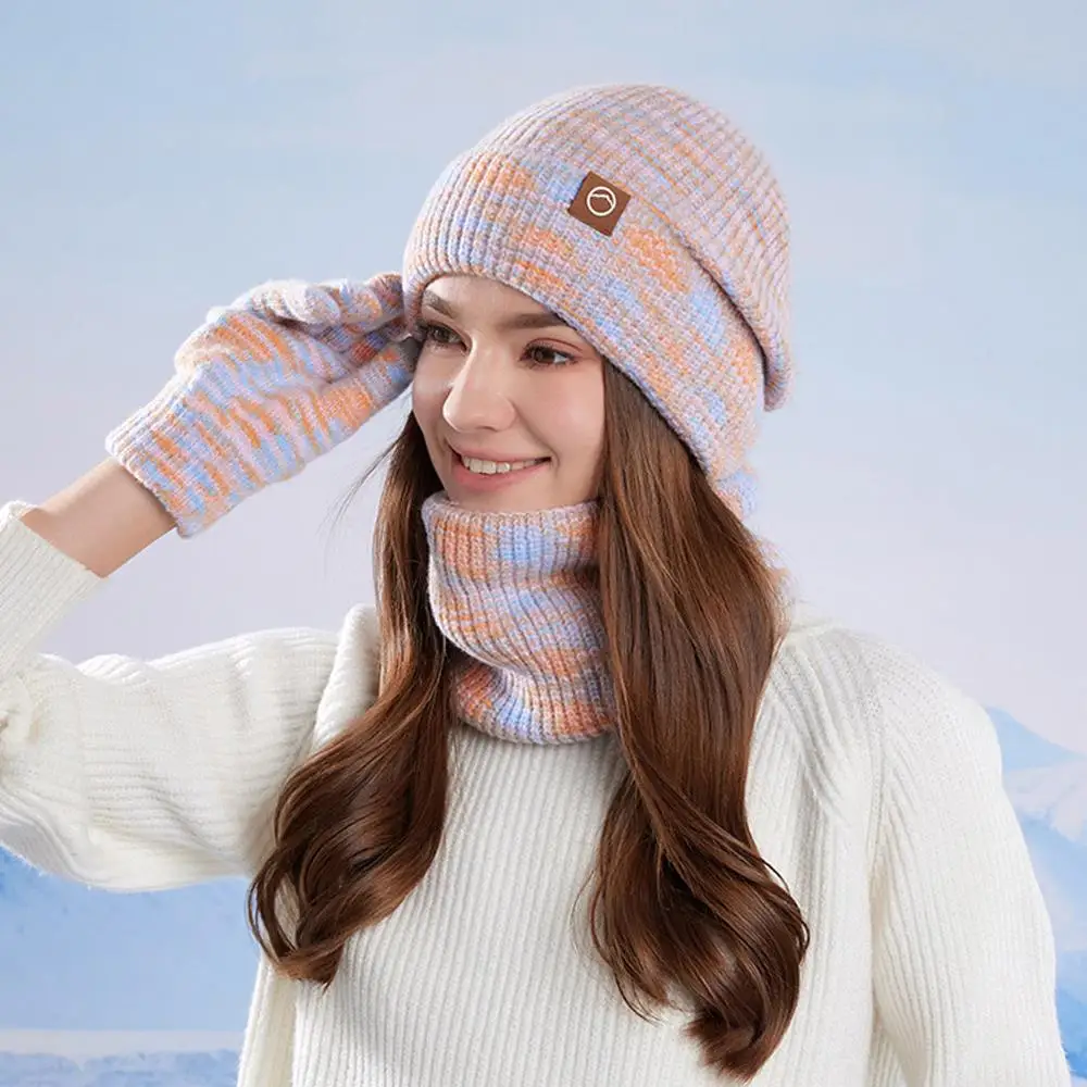 ชุดหมวกและผ้าพันคอ 3 ชิ้น/ชุด หมวกสกี ผ้าพันคอถักขนแกะ ถุงมือหน้าจอสัมผัส หมวกหนาสำหรับกีฬากลางแจ้ง ผ้าพันคอให้ความอบอุ่น