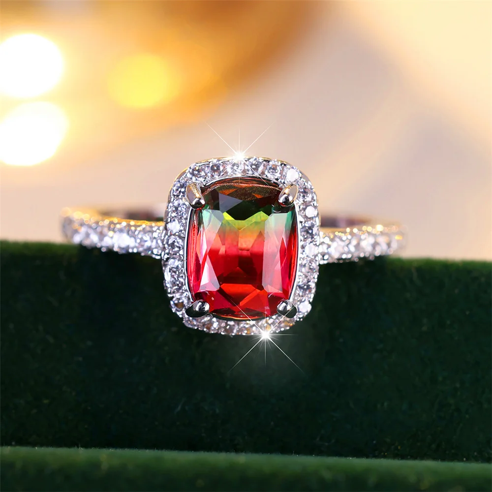 خاتم خطوبة من حجر الزركون بلون فضي عتيق للنساء ، كريستال نسائي ، أحمر ، أزرق ، أخضر ، قوس قزح ، فاخر ، مجوهرات زفاف
