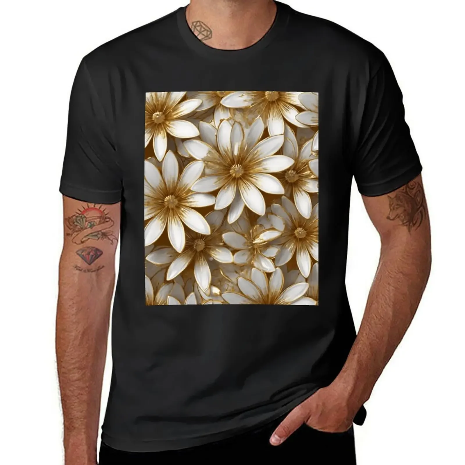 

Whitegold Blossoms: Radiant Floral Elegance T-Shirt customs vintage vintage graphic tee mens workout shirts