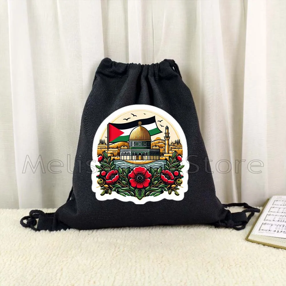 

Arabic Peace Cute Gifts Al Aqsa Keffiyeh Olive Tree Al Aqsa Dome of The Rock Canvas Drawstring Bags Soccer Backpack Gym Sackpack