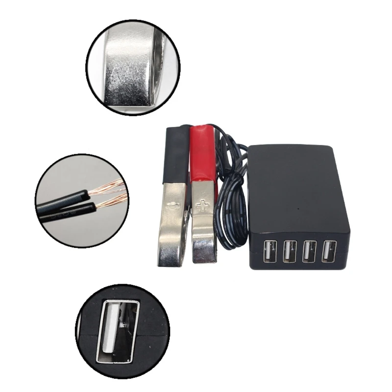 4USB Port Power Adapter with Battery Clip 12V 24V to 5V 8A for Charging Cell Phone Emergency USB Power High Efficiency