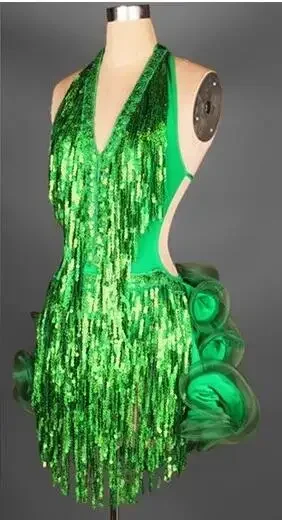 라틴 댄스 의상 여성 볼룸 경연 대회 의상 Tassel Green 전문 여성 Tassel Samba Costume Color