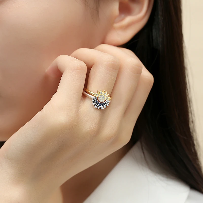 Original 925 Sterling Silver Rings Sun Moon Star Pave CZ Gold Color Stackable Ring For Women Engagement Gift Jewelry image 6