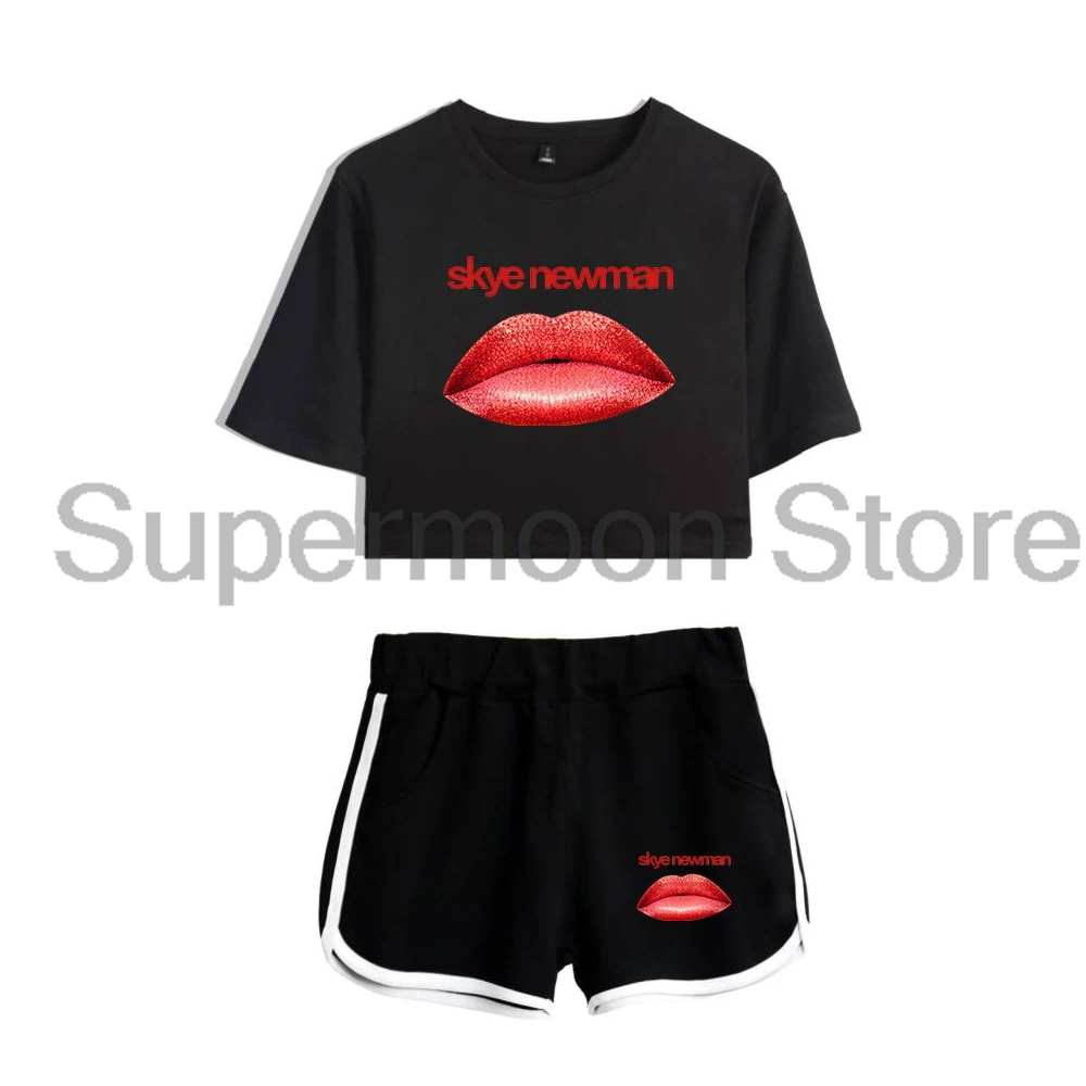 Skye Newman Lips Merch Navel T-shirt Short Sleeve Crop Top+Shorts Two Piece Set Women's Top Sets
