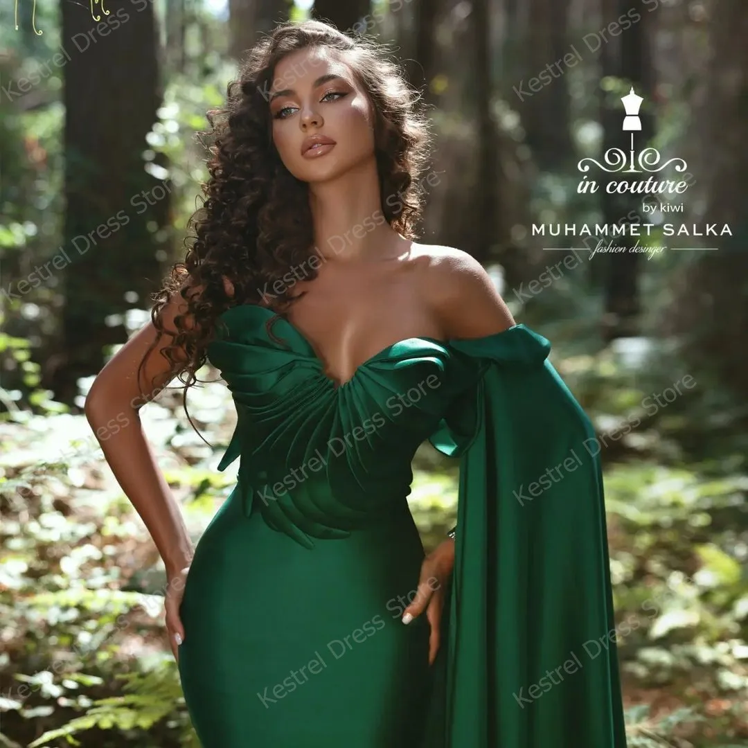 Emerald Green Pleated Satin Trumpet Shape Evening Gown One Shoulder Long Sleeve Mermaid Celebrity Dresses Wedding Pageant Dress