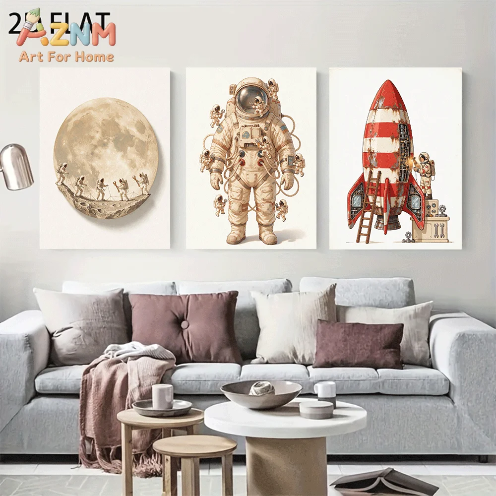 AZNM Frameless Canvas Wall Art, Vintage Astronaut Rocket Moon Landing Print, Retro Outer Space Exploration Wall Decor for Living