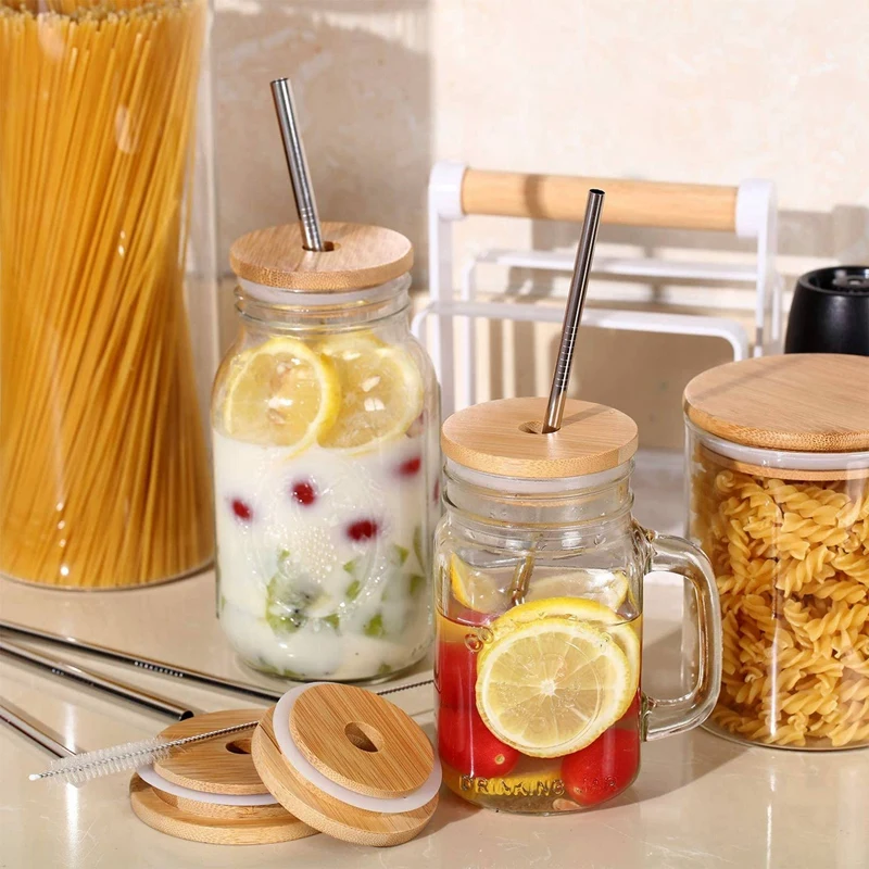 5X Reusable Bamboo Jar Lids 70MM Bamboo Mason Jar Lids With Straw Hole For Wide Mouth Mason Jar