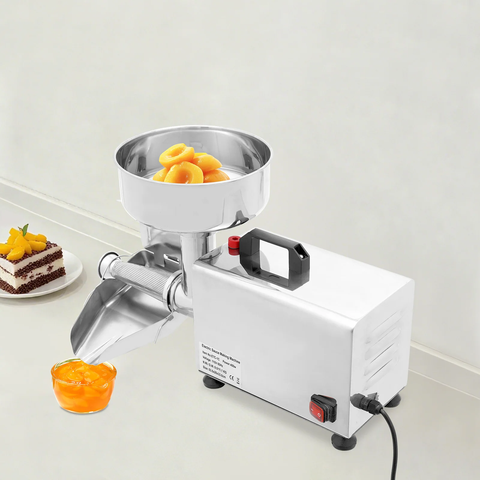 450W 110V Electric Tomato Strainer  Stainless Steel Tomato Milling Machine 50 Kg/H Strawberry Blueberry Food Press and Strainer with Funnel+Trough, Low Noise