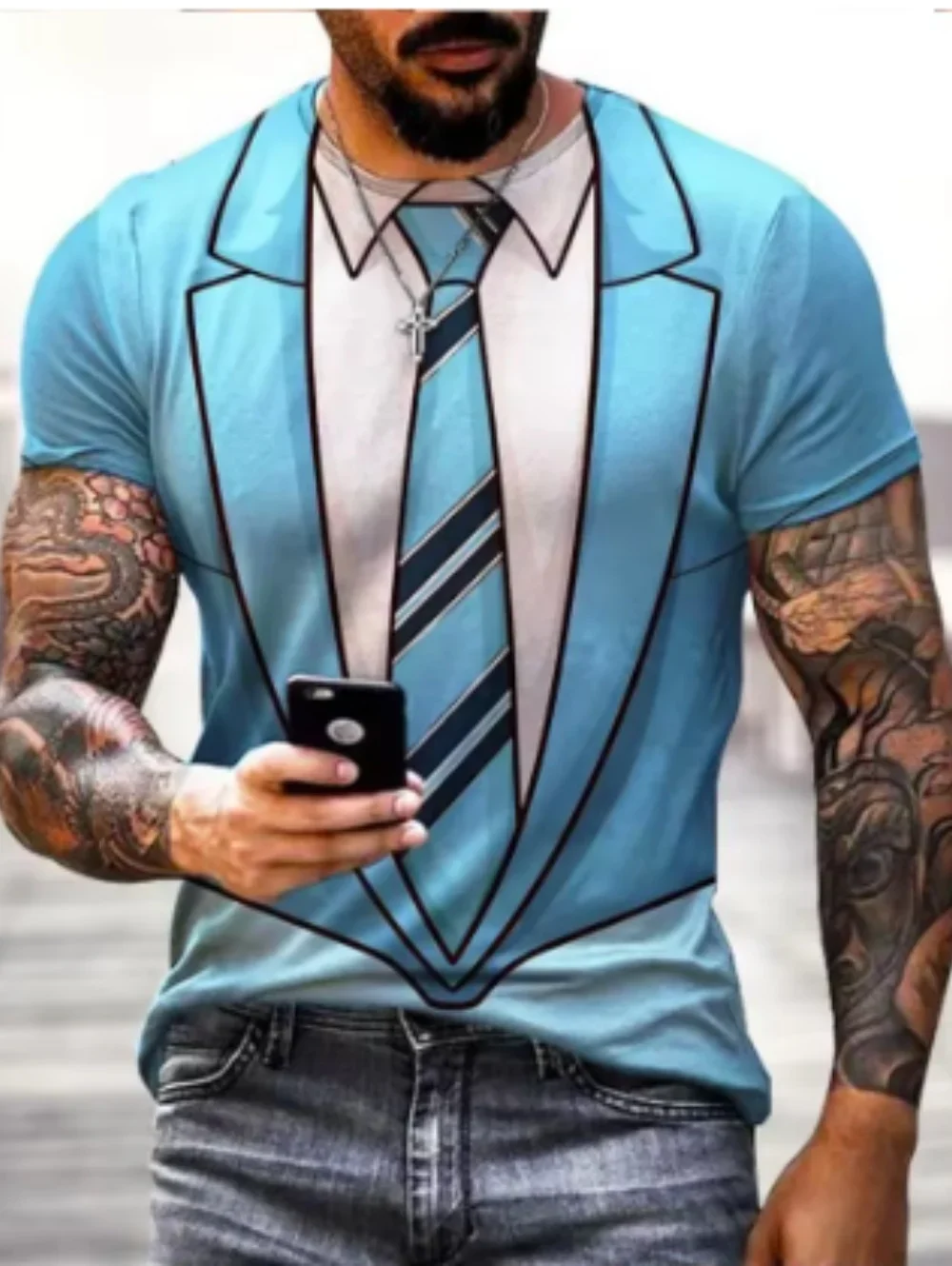 Fake Suit Pattern T-Shirt Herren Cosplay 3D-Druck T-Shirts Lustige lebensechte Fliege Mode Street Herren Oversize Kurzarm-Oberteil – Detail 5
