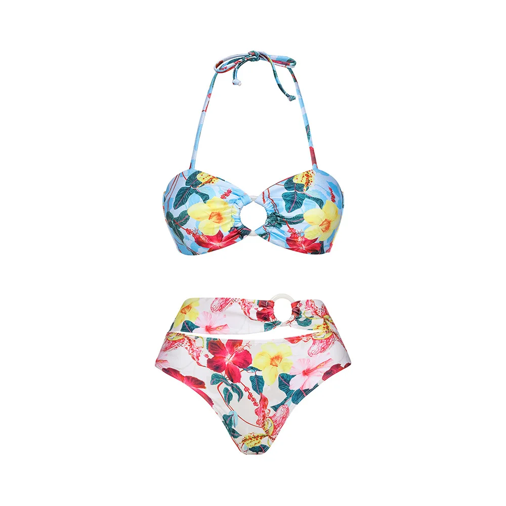 Costume da bagno con bordo arricciato stampato retrò da donna, costume intero Bikini con gonna, scollo a v, costumi da bagno senza schienale, copricostume da spiaggia per le vacanze