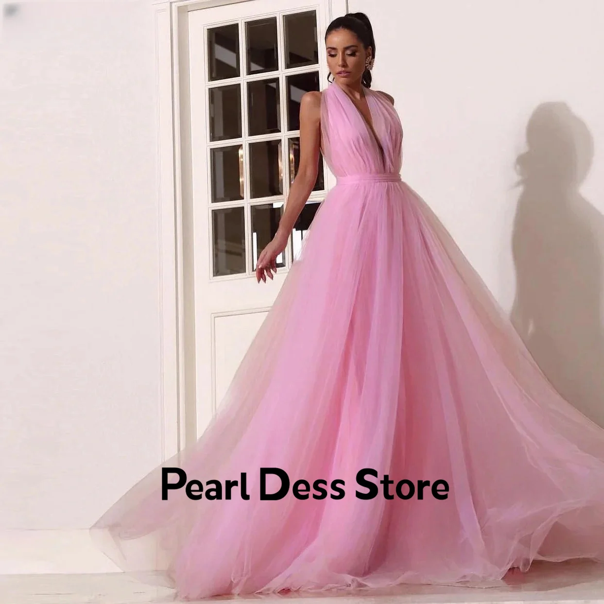 

Pink sheer deep V-neck backless formal party dress for women's special event dress