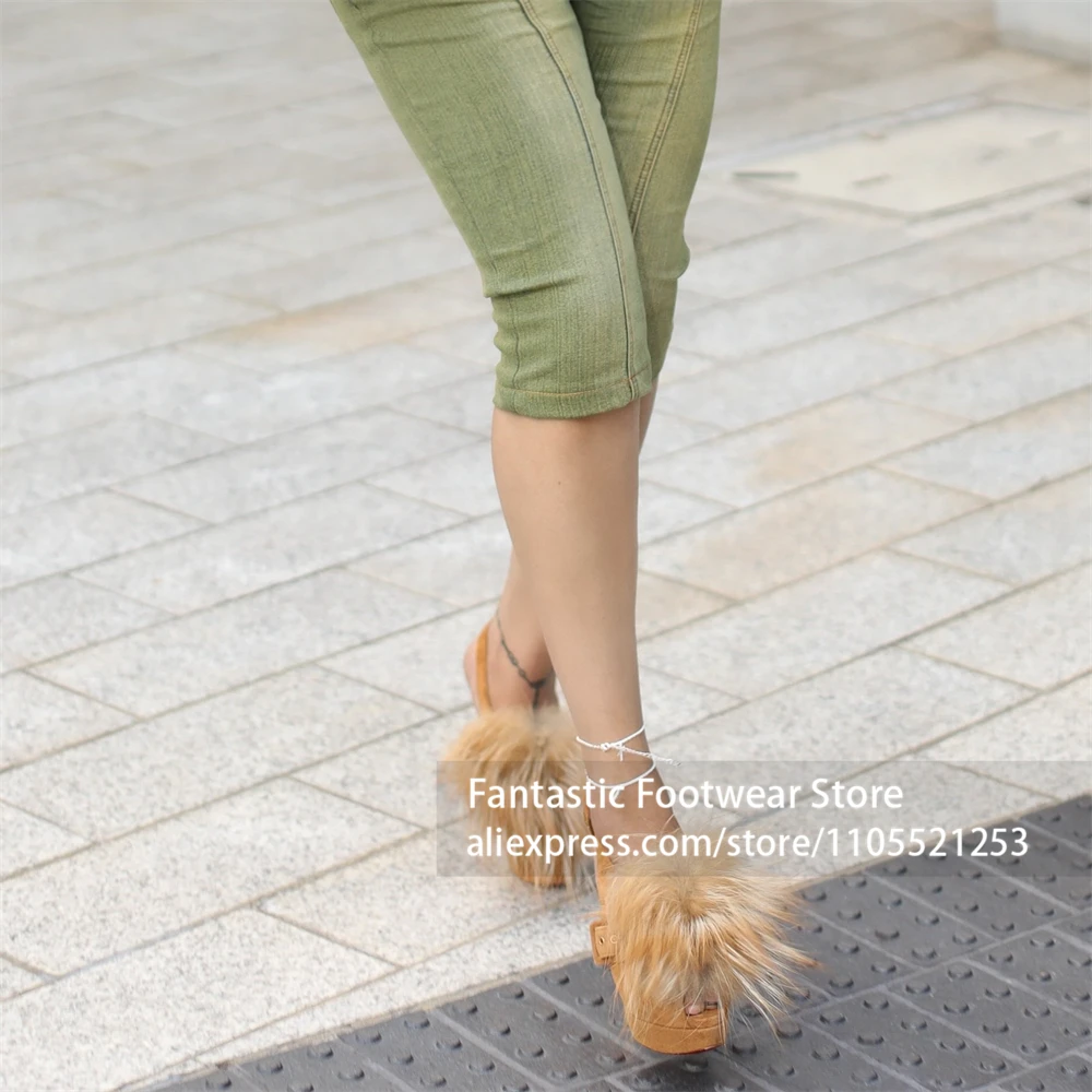 Camel Brown Suede Fluffy Fur Pom Pom Slingback Platform Stiletto Heels Peep Toe Buckle Strap Evening Party Dress Shoes for Women view 3