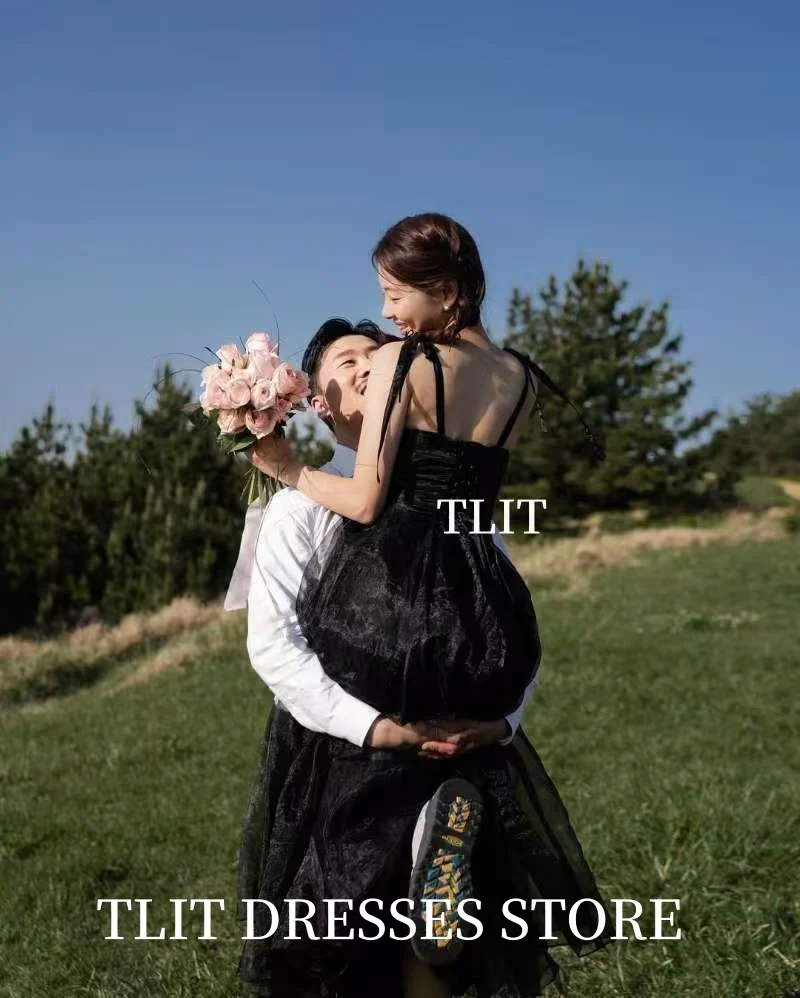 Prosta czarna tiulowa suknia wieczorowa, koreańska suknia ślubna, sesja zdjęciowa, sukienki na studniówkę na ramiączkach spaghetti, suknie na zamówienie do ziemi.