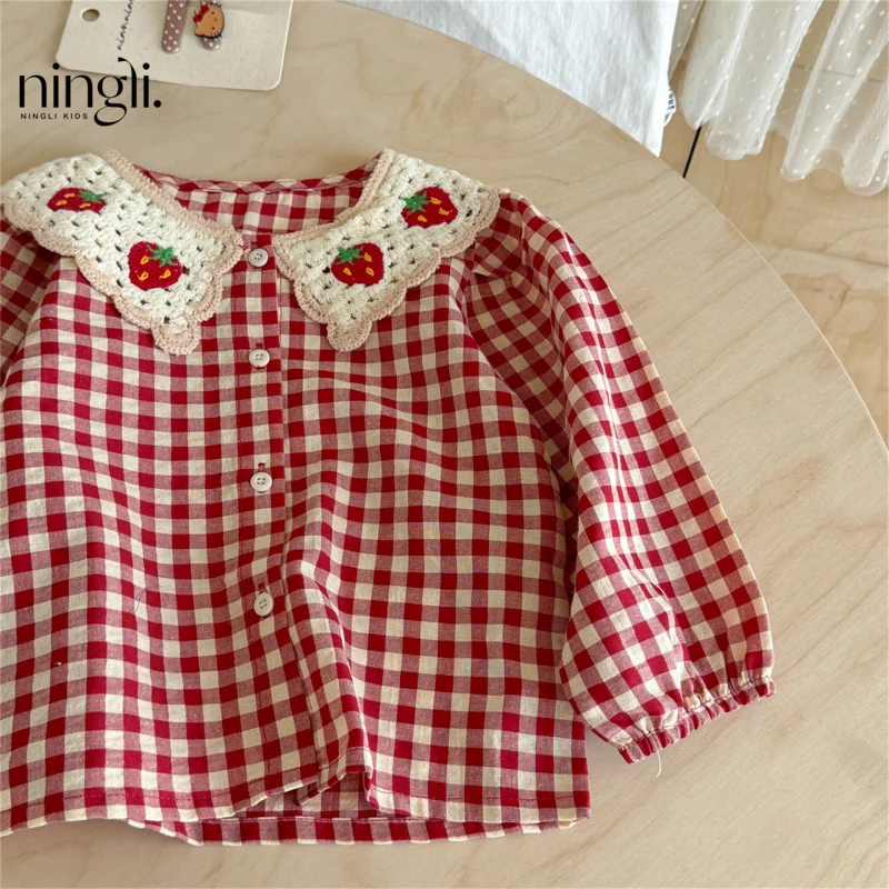 

Girls Plaid Shirt Spring and Autumn New Little Girl Baby Doll Shirt Early Autumn Cotton Long Sleeve Shirt