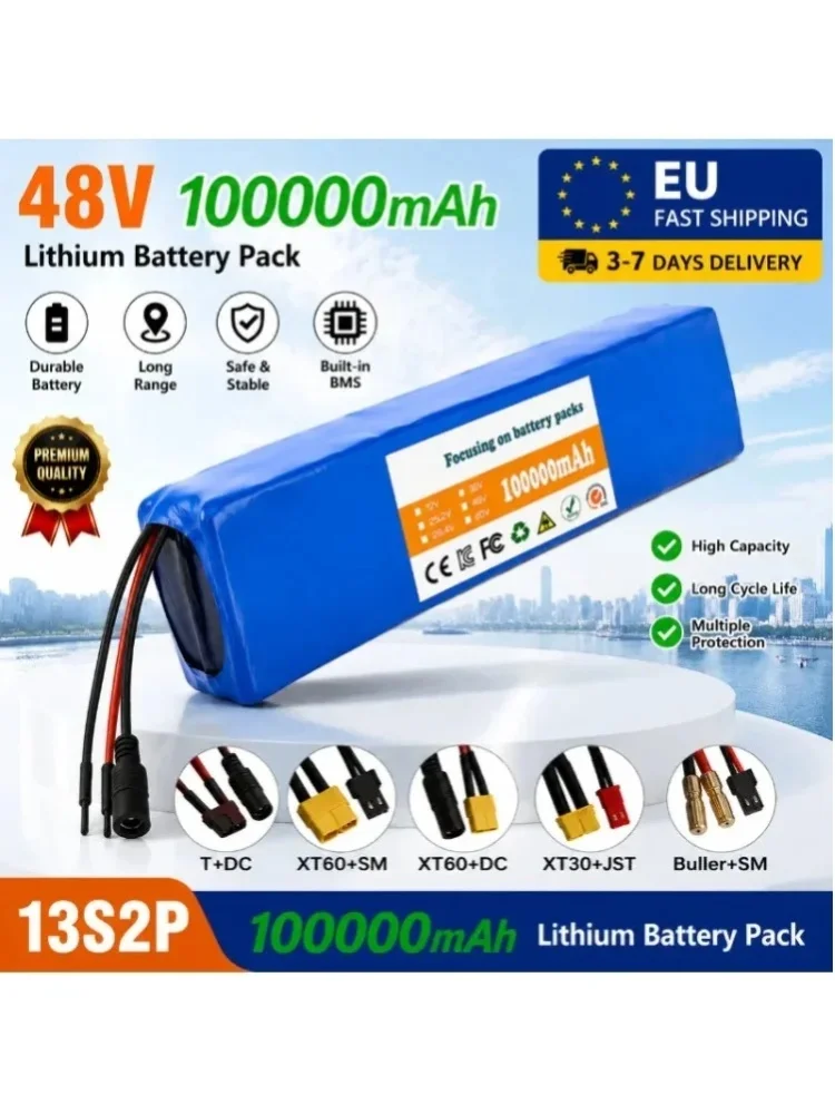 13S2P 48V 100Ah 100000mAh Lithium-Ionen-Akkupack mit Smart BMS für 250W 350W 500W 750W 1000W E-Bike, E-Scooter, DIY-Akku, inklusive kostenlosem 54,6V Ladegerät, XT60 XT30 DC T-Stecker verfügbar