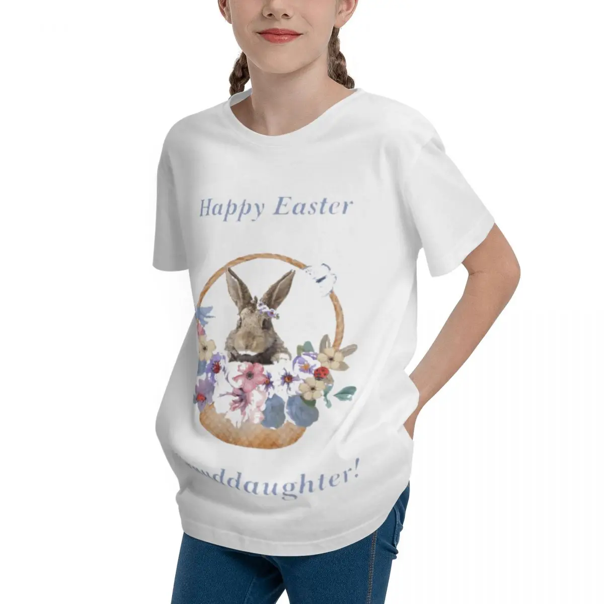 Fresh Happy Easter Granddaughter Bunny In Flower Basket C Teeanger Basic Short Sleeve T-Shirt Graphic Travel Humor Graphic