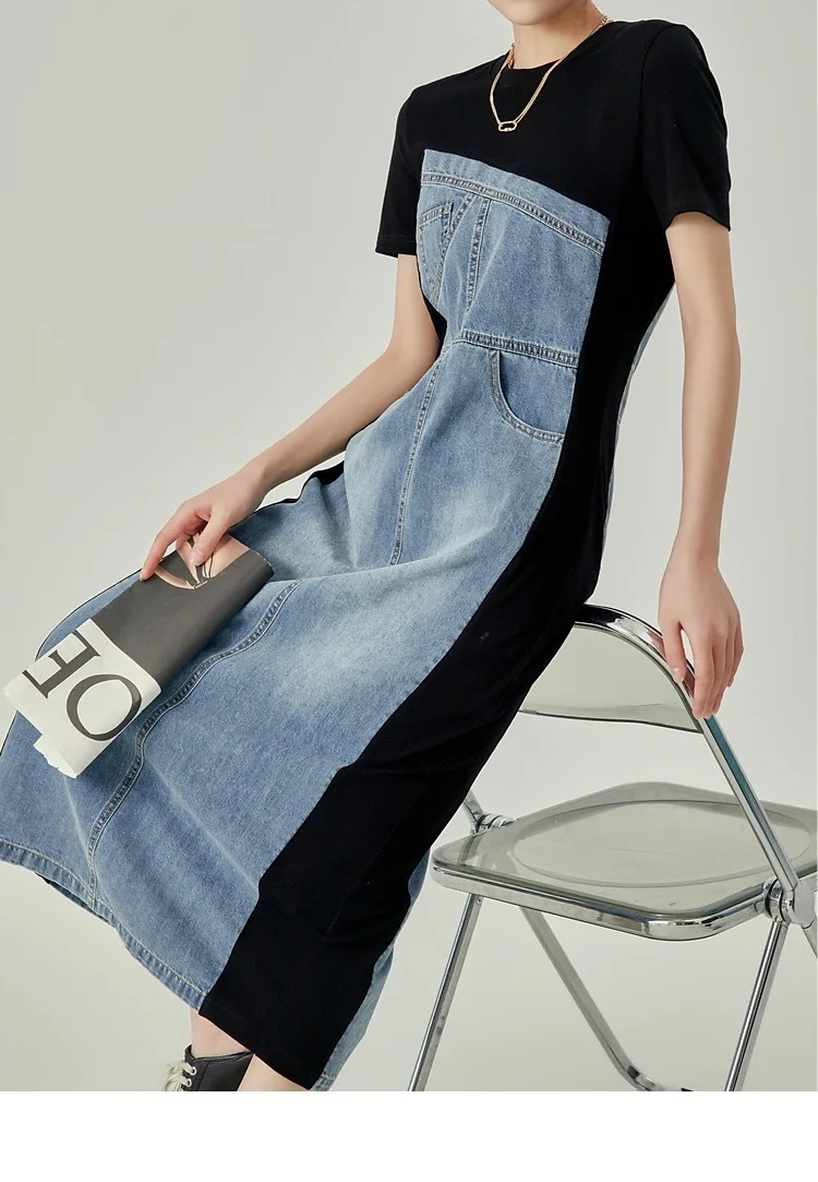 Denim Dress Women Long Dresses Round Neck Short Sleeve Vestidos Casual Elegant Splice Y2k Streetwear Work Party Night 2025