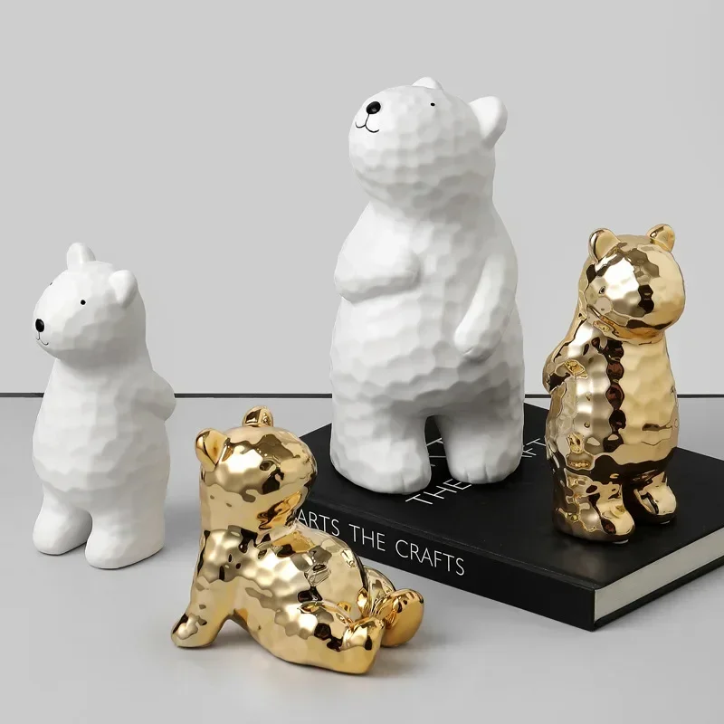 

Electroplating white ceramic bear sculpture ornament Nordic creative room decor animal ceramic statue handicraft home decor gift