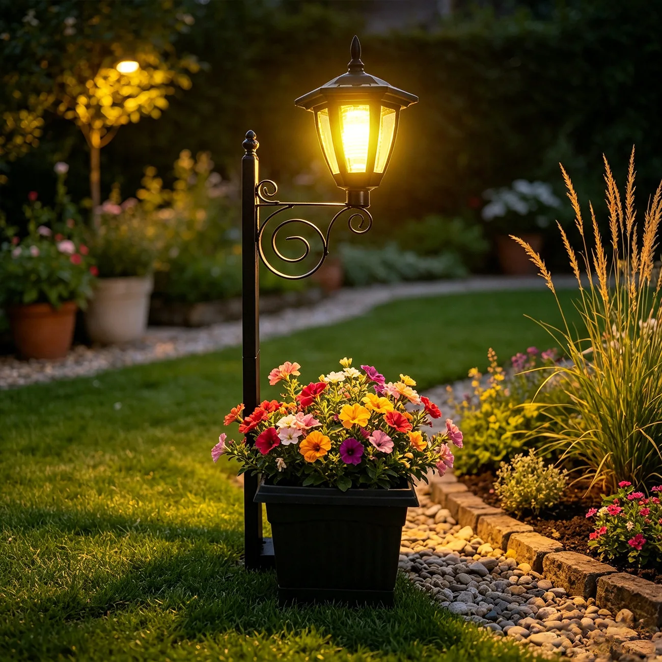 Street Lamp Ornament Solar Plastic Flower Pot Wrought Iron Outdoor Garden Decoration Night Light Multi-functional Garden Light