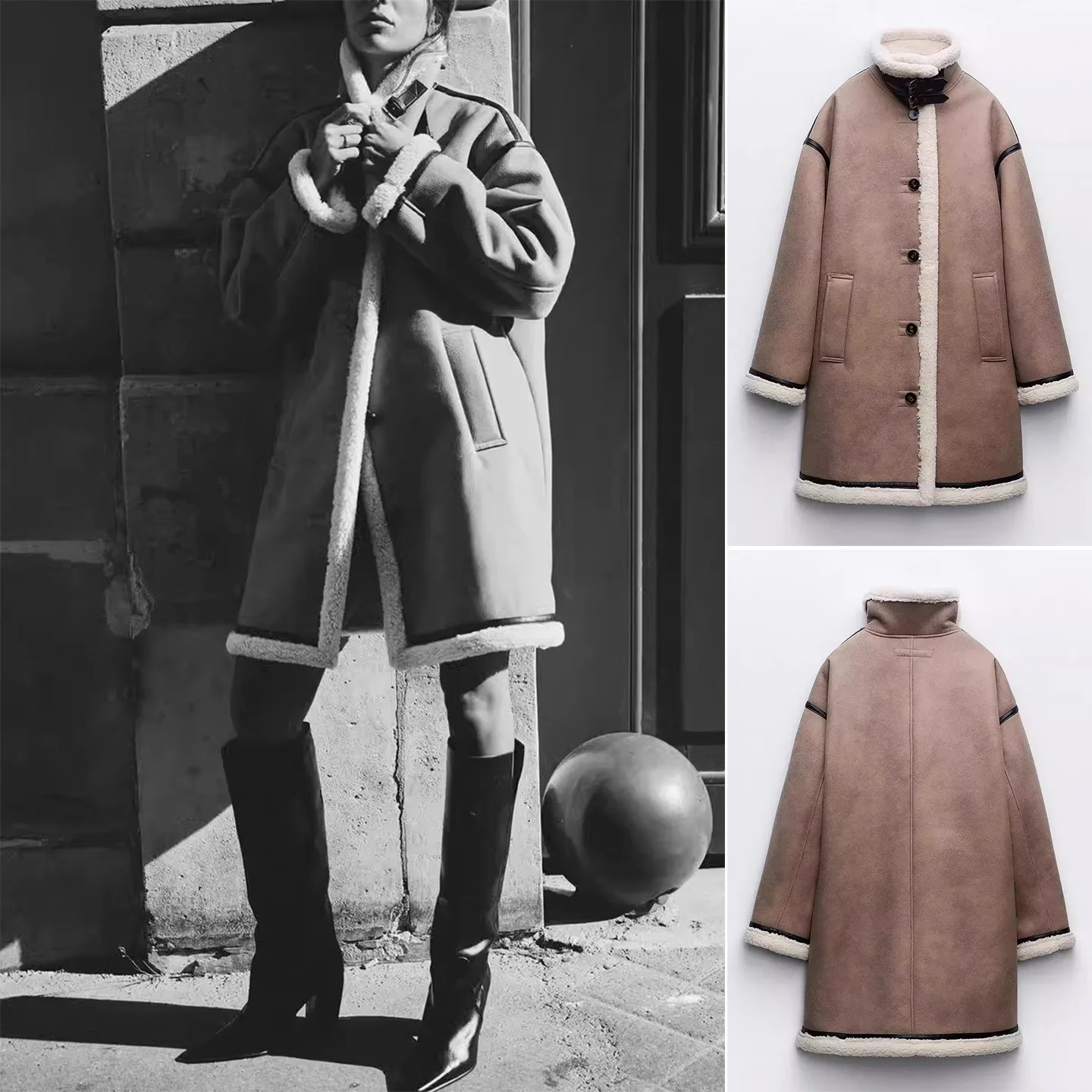 

New Winter Women's Simple Sle Double-Sided Single-Button Stand Collar Long Sve Coat Jaet 8073256 Polyester Fiber 00%