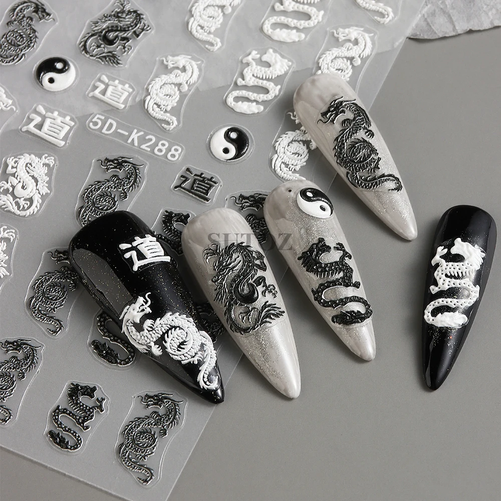 Ano Novo Chinês Nail Stickers, Branco, Preto, Dragão, 5D gravado Sliders, Snakes Encantos, Gothic Manicure Decor, LEB5D-K286