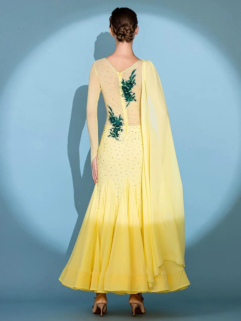 Standard Waltz Dance Dress Elegant Yellow Shiny Diamond Tango Ballroom Competition Dancing Costume Lady's Ballroom Dance Dresses