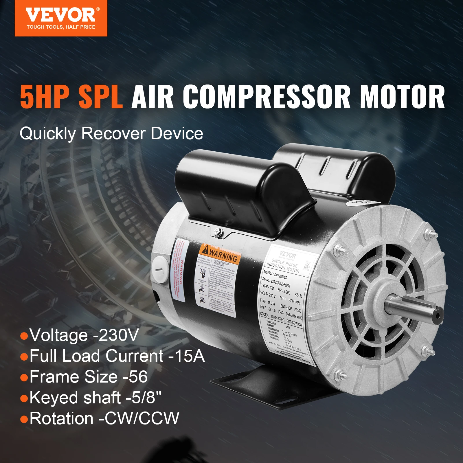 VEVOR Electric Air Compressor Motor 230V 15.0Amps 3450RPM 5/8